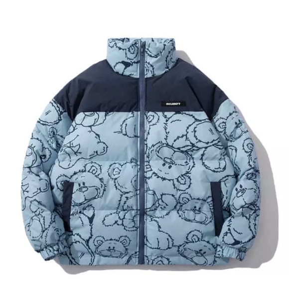 Cartoon Bear Print Oversized Jacket Loose Crop Puffer and Korean Knitted Beanie - Picture 5 of 14